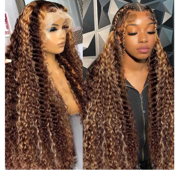 Long deep curl lace front wig in brown with honey blonde highlights